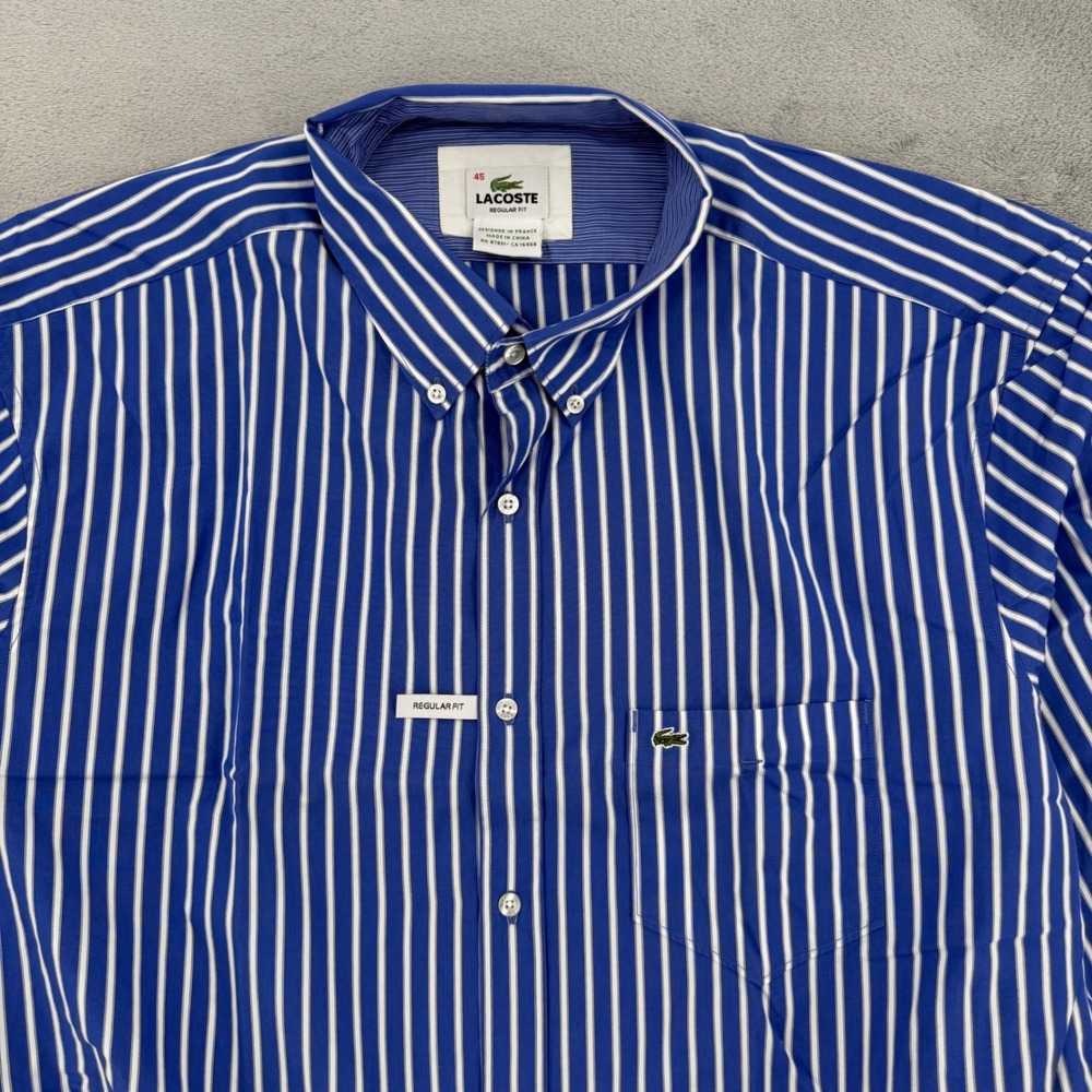 Lacoste Regular Fit Striped Button Down Shirt Mens XL 45 White Cotton Blue - Picture 3 of 16
